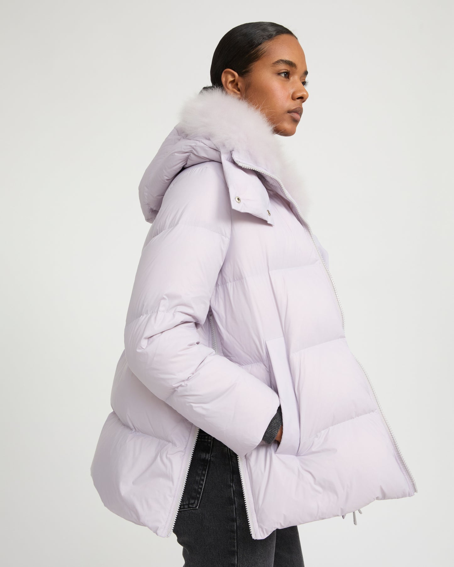 Iconic "A" line down jacket with lambswool collar