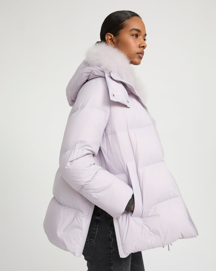 Iconic "A" line down jacket with lambswool collar