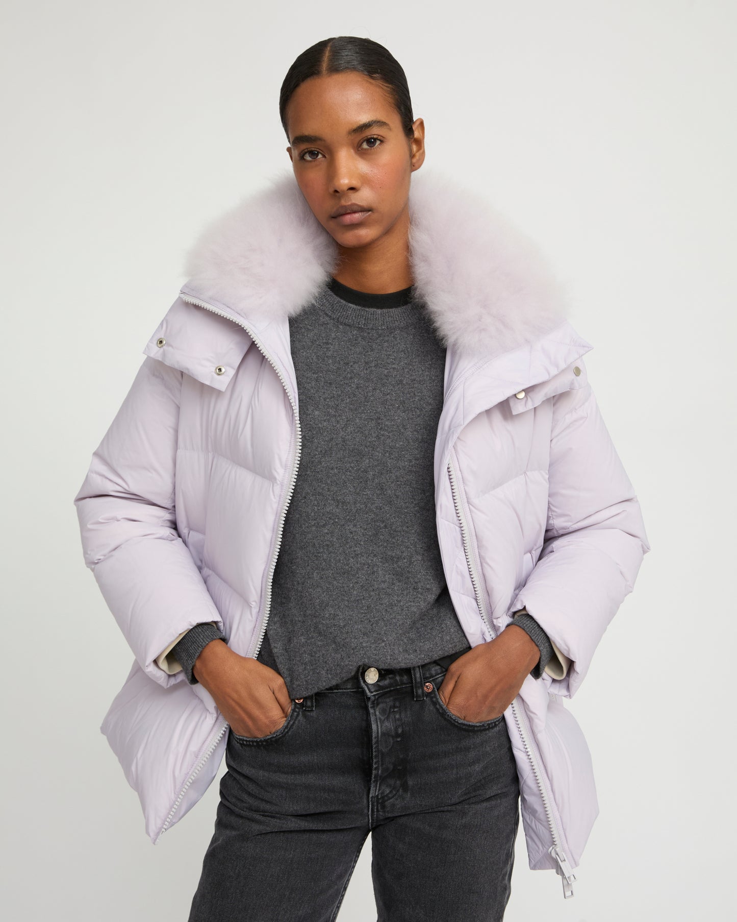 Iconic "A" line down jacket with lambswool collar