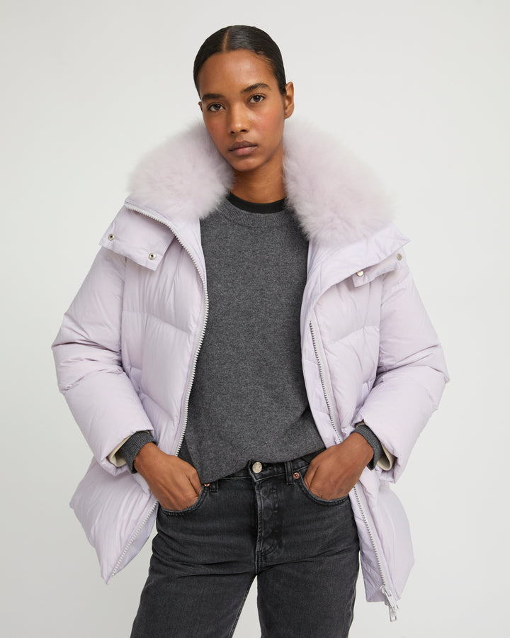 Iconic "A" line down jacket with lambswool collar