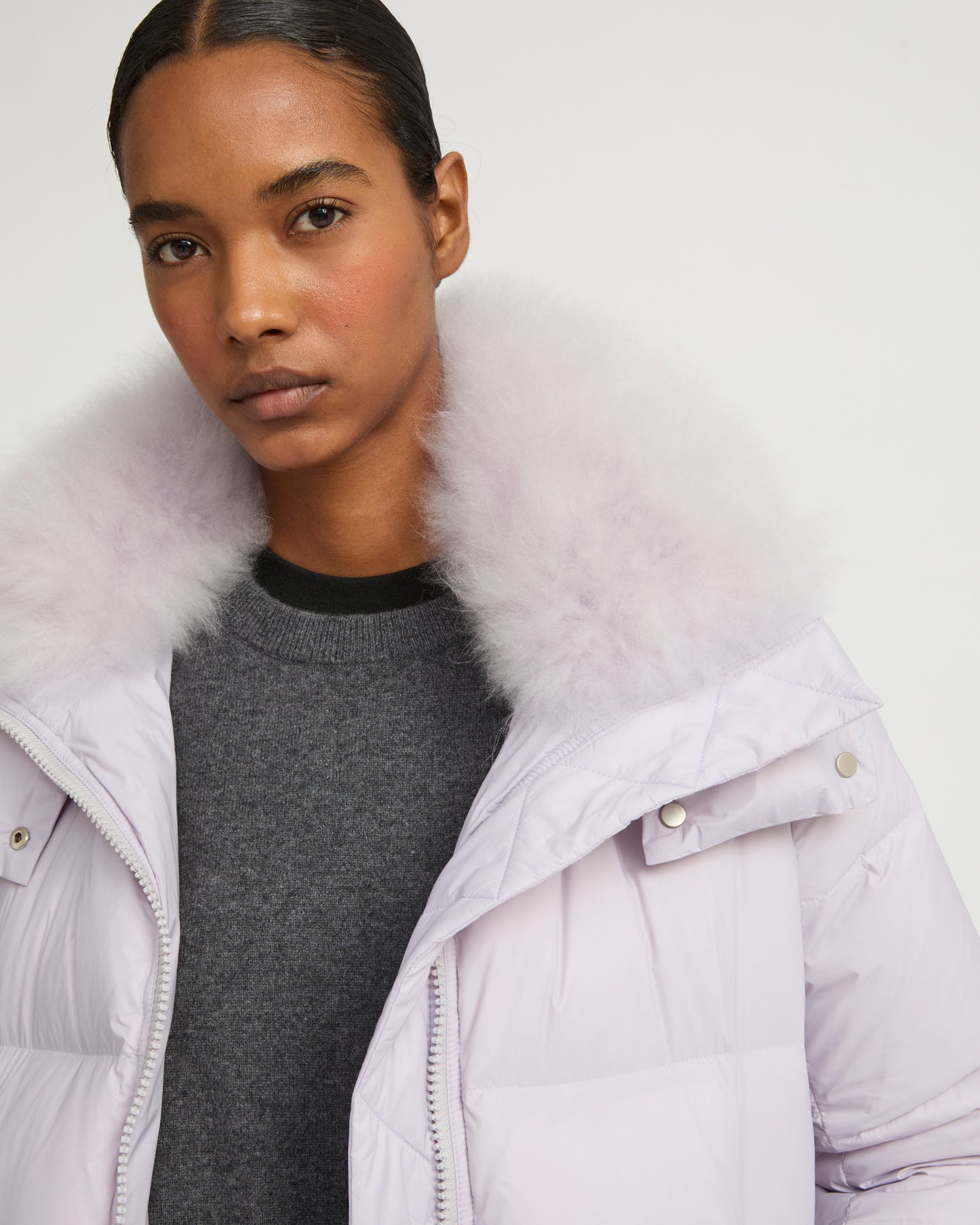 Iconic "A" line down jacket with lambswool collar