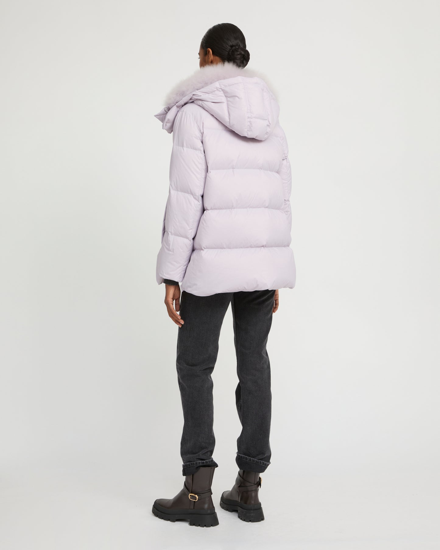 Iconic "A" line down jacket with lambswool collar