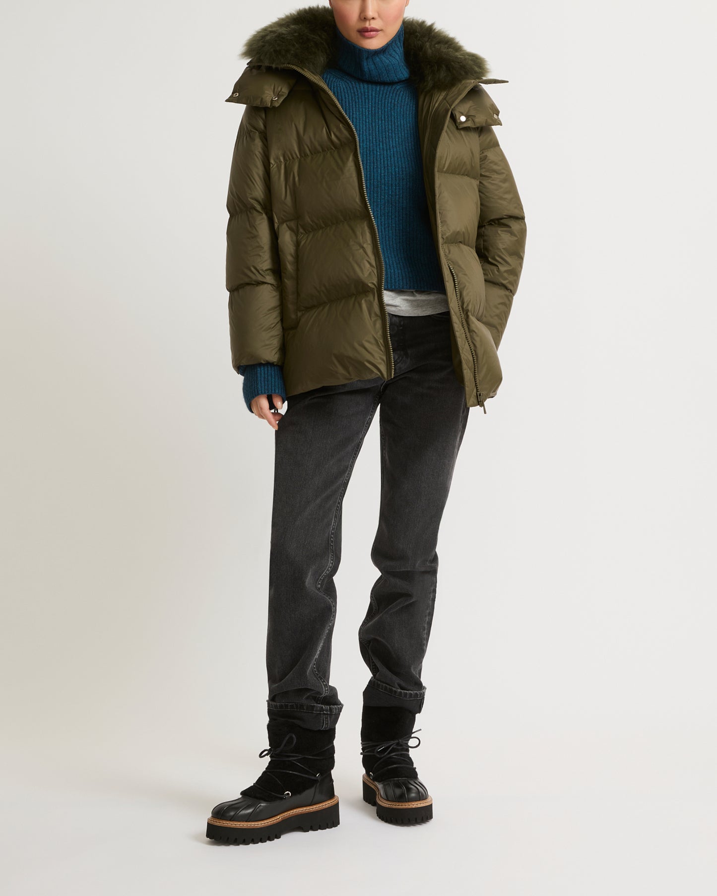 Iconic "A" line down jacket with lambswool collar -Yves Salomon