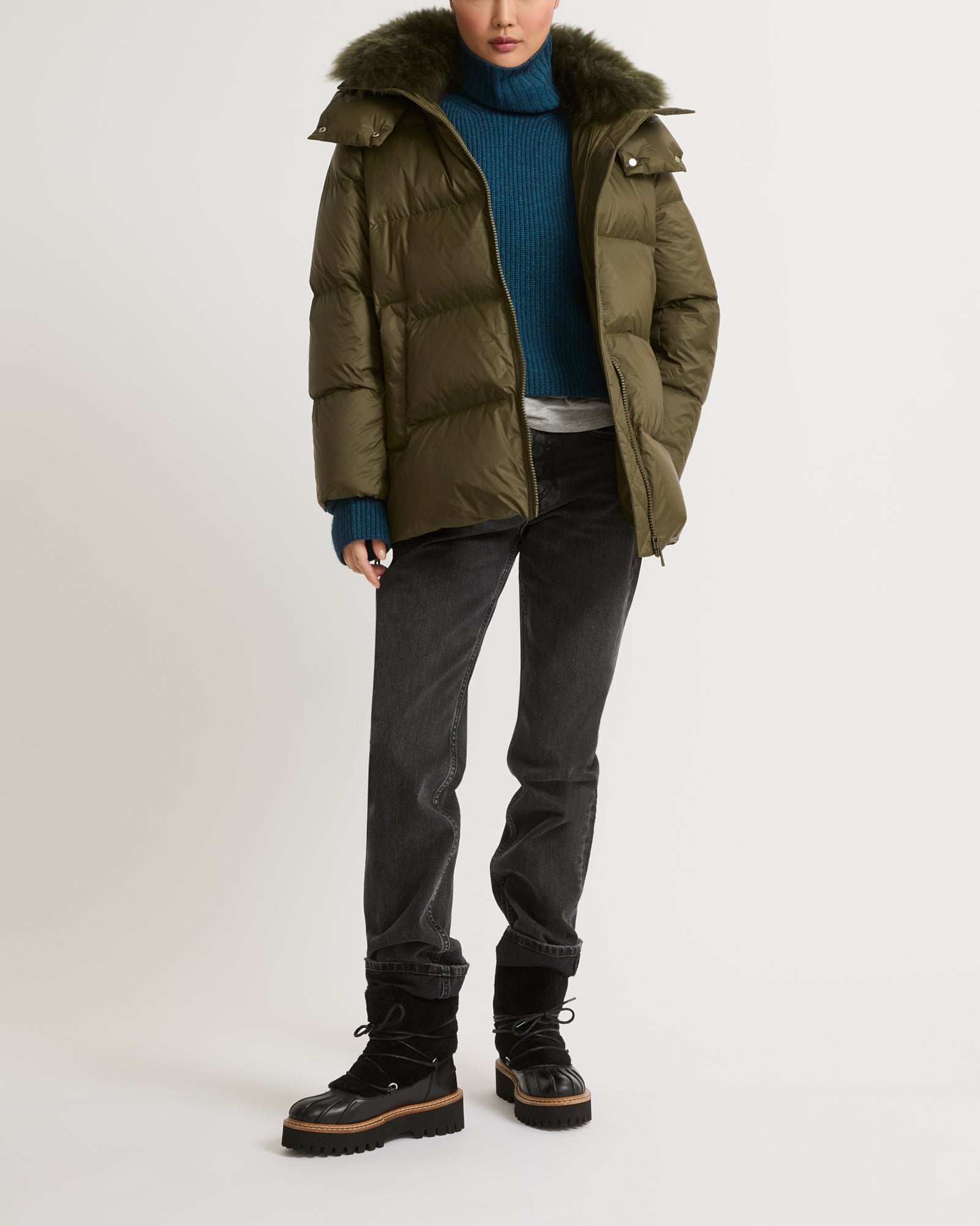 Iconic "A" line down jacket with lambswool collar -Yves Salomon