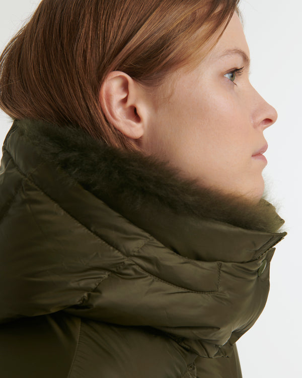 "A" line down jacket in water-repellent technical fabric with fluffy lambswool collar