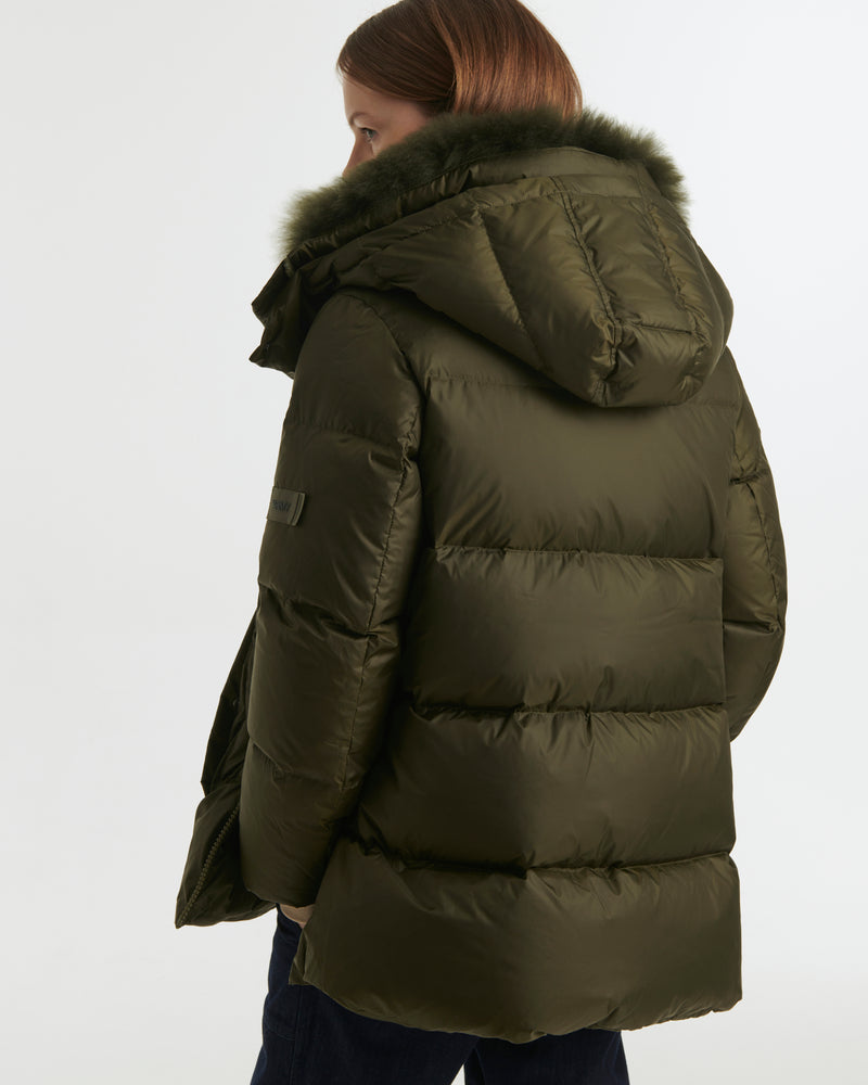 A line down jacket in water-repellent technical fabric with fluffy lambswool collar - khaki - Yves Salomon