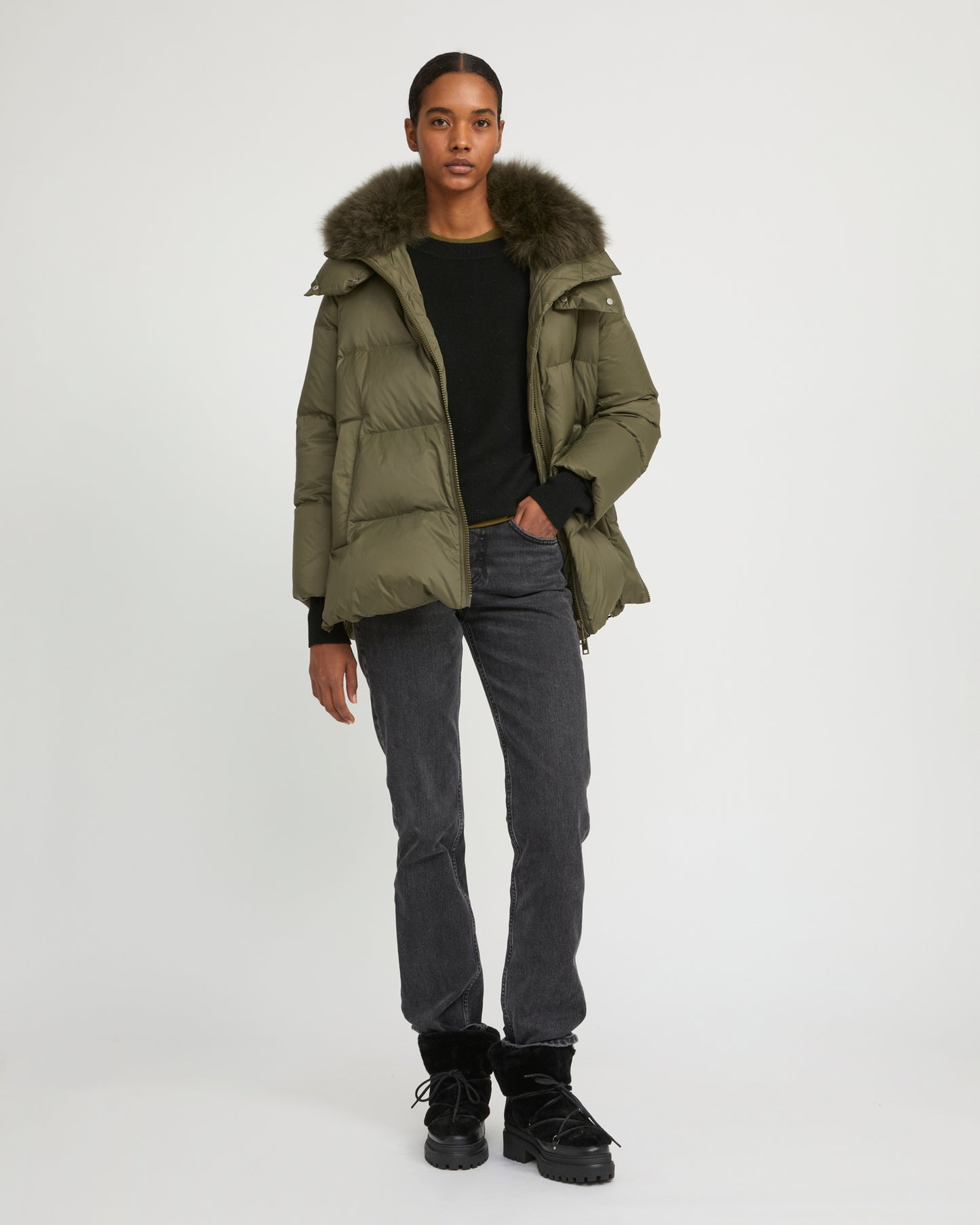 Iconic "A" line down jacket with lambswool collar