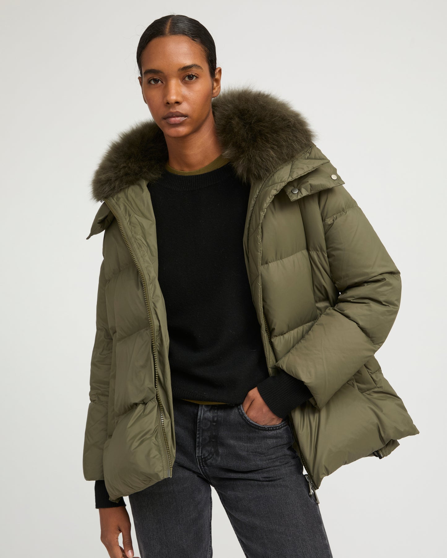 Iconic "A" line down jacket with lambswool collar