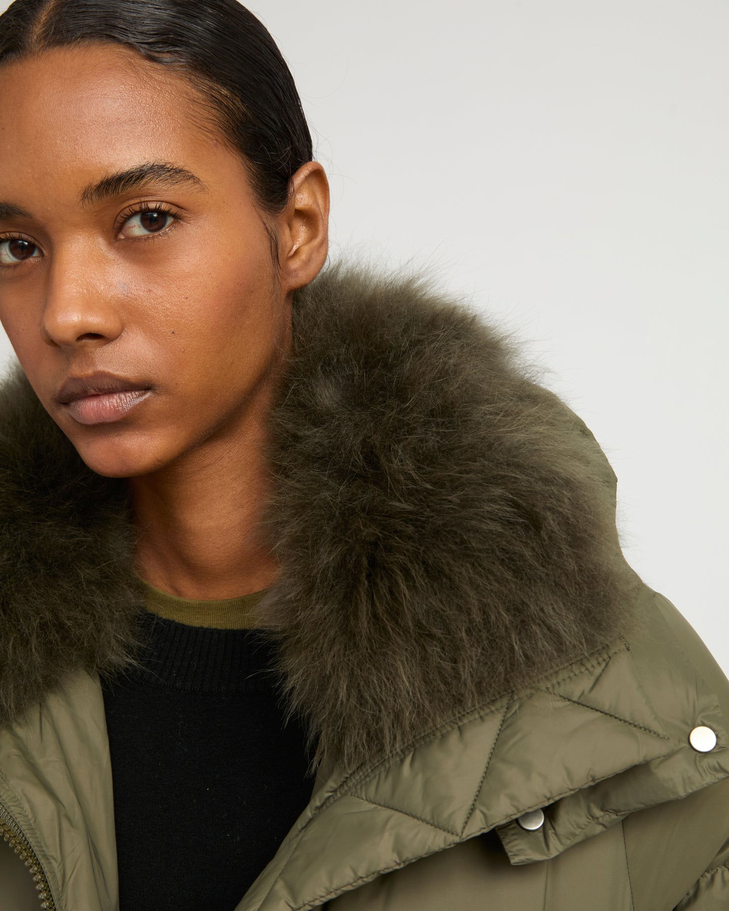 Iconic "A" line down jacket with lambswool collar