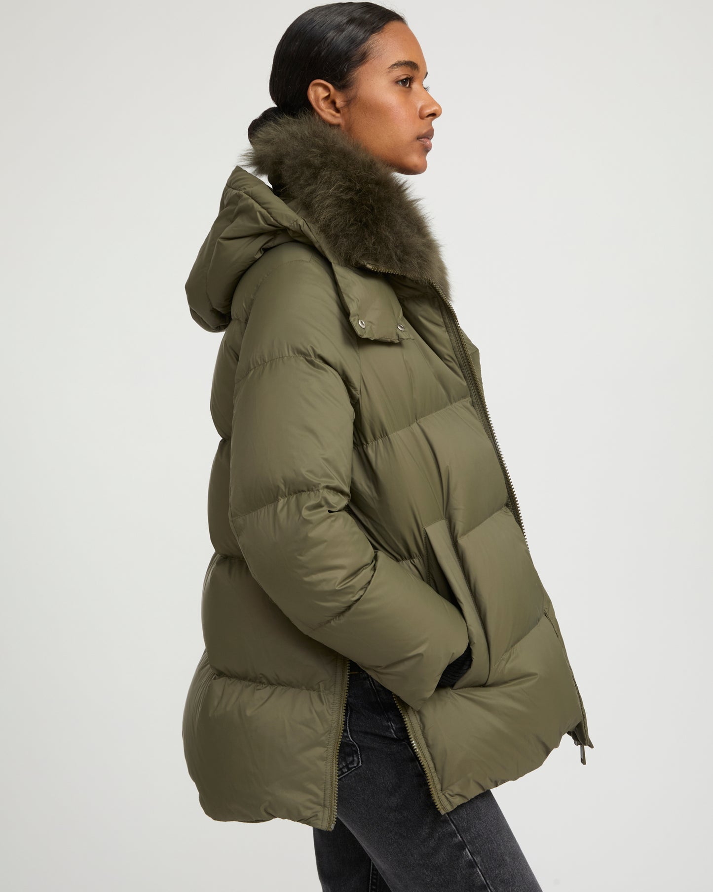 Iconic "A" line down jacket with lambswool collar