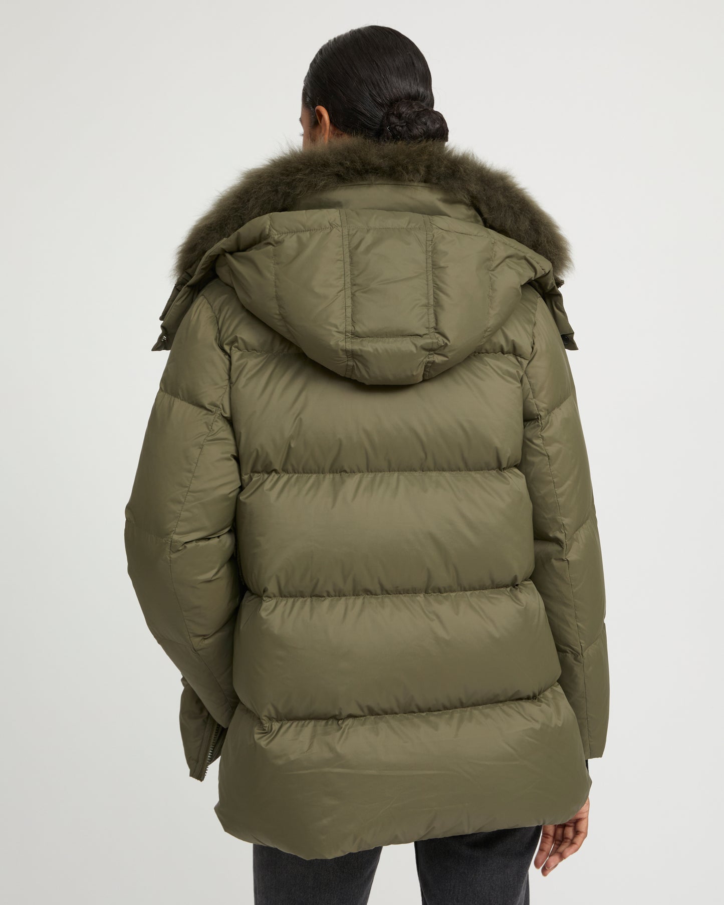 Iconic "A" line down jacket with lambswool collar