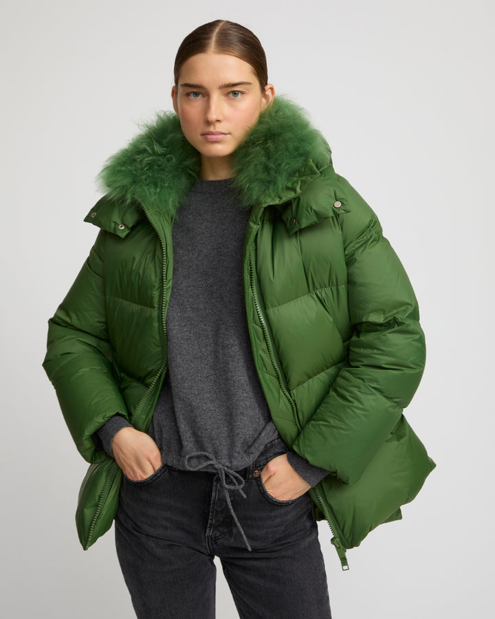 Iconic "A" line down jacket with lambswool collar