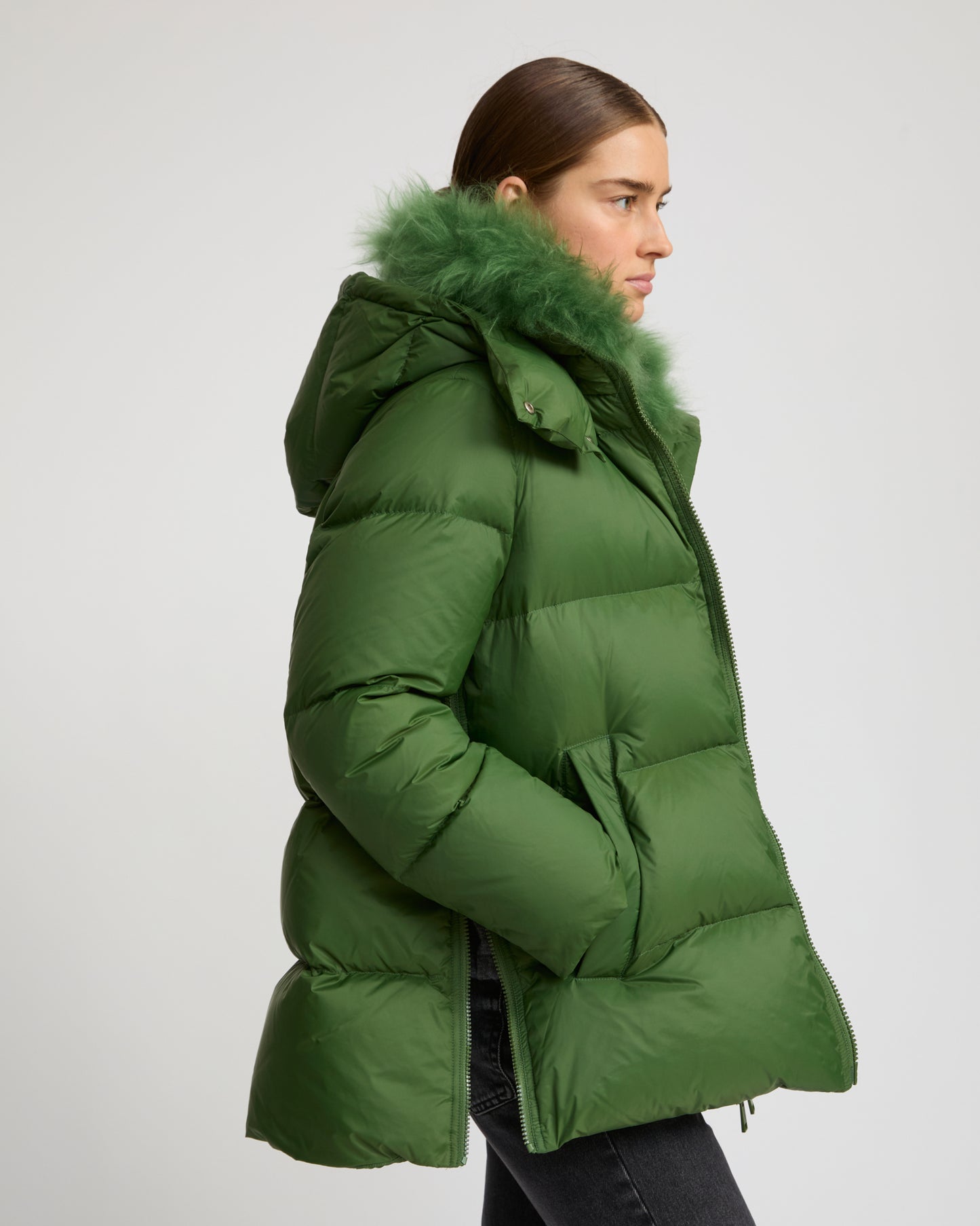 Iconic "A" line down jacket with lambswool collar