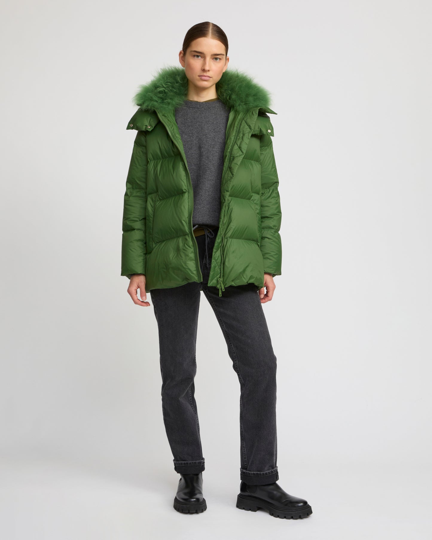 Iconic "A" line down jacket with lambswool collar