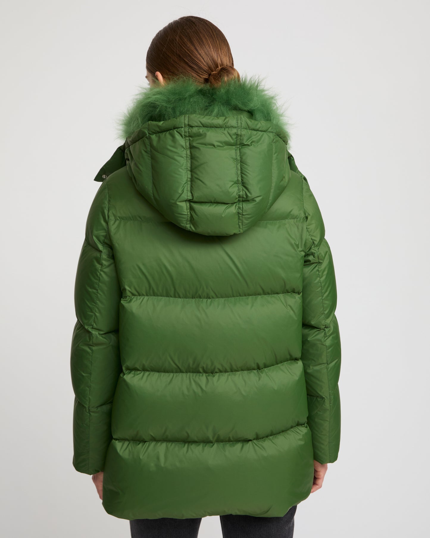 Iconic "A" line down jacket with lambswool collar