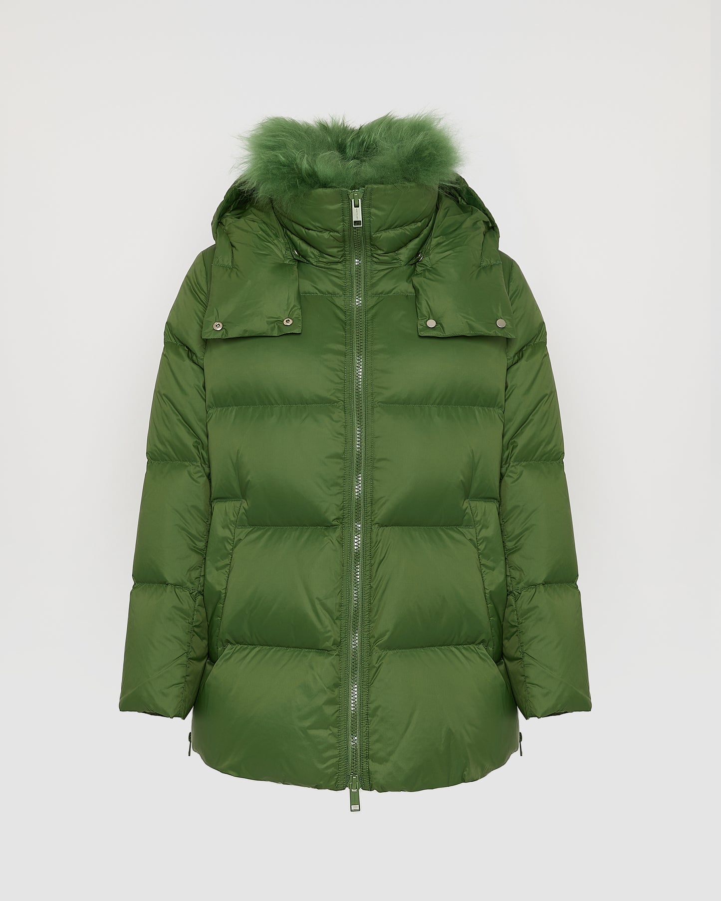 Iconic "A" line down jacket with lambswool collar