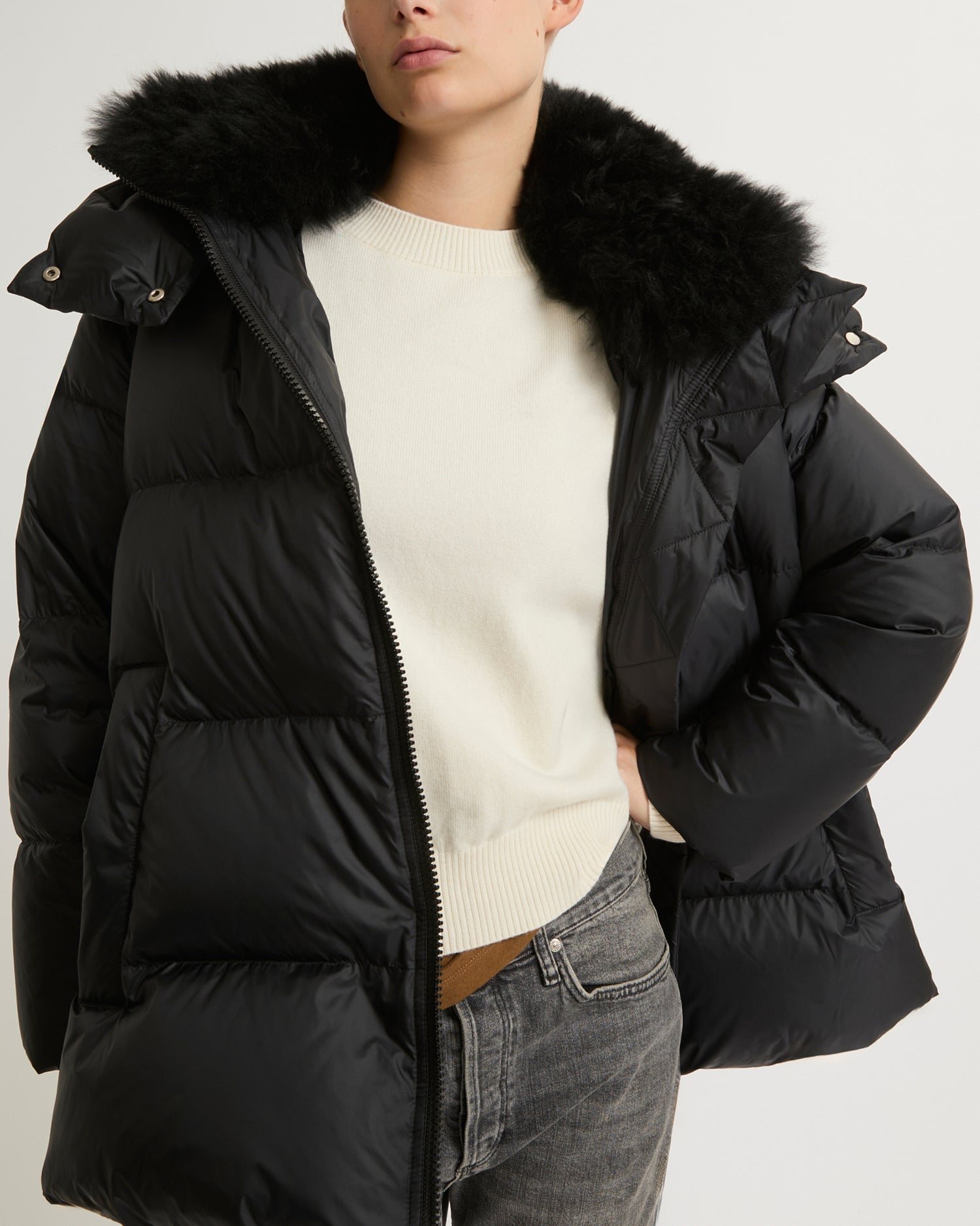 Iconic "A" line down jacket with lambswool collar -Yves Salomon
