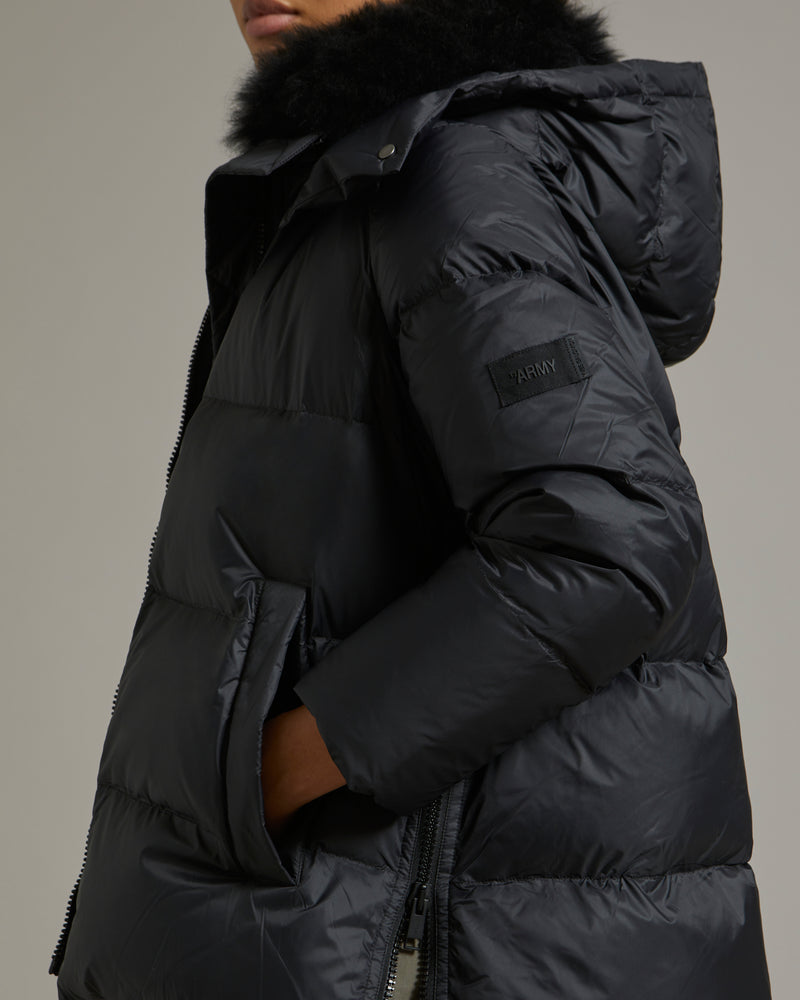 A line down jacket in water-repellent technical fabric with fluffy lambswool collar - black - Yves Salomon