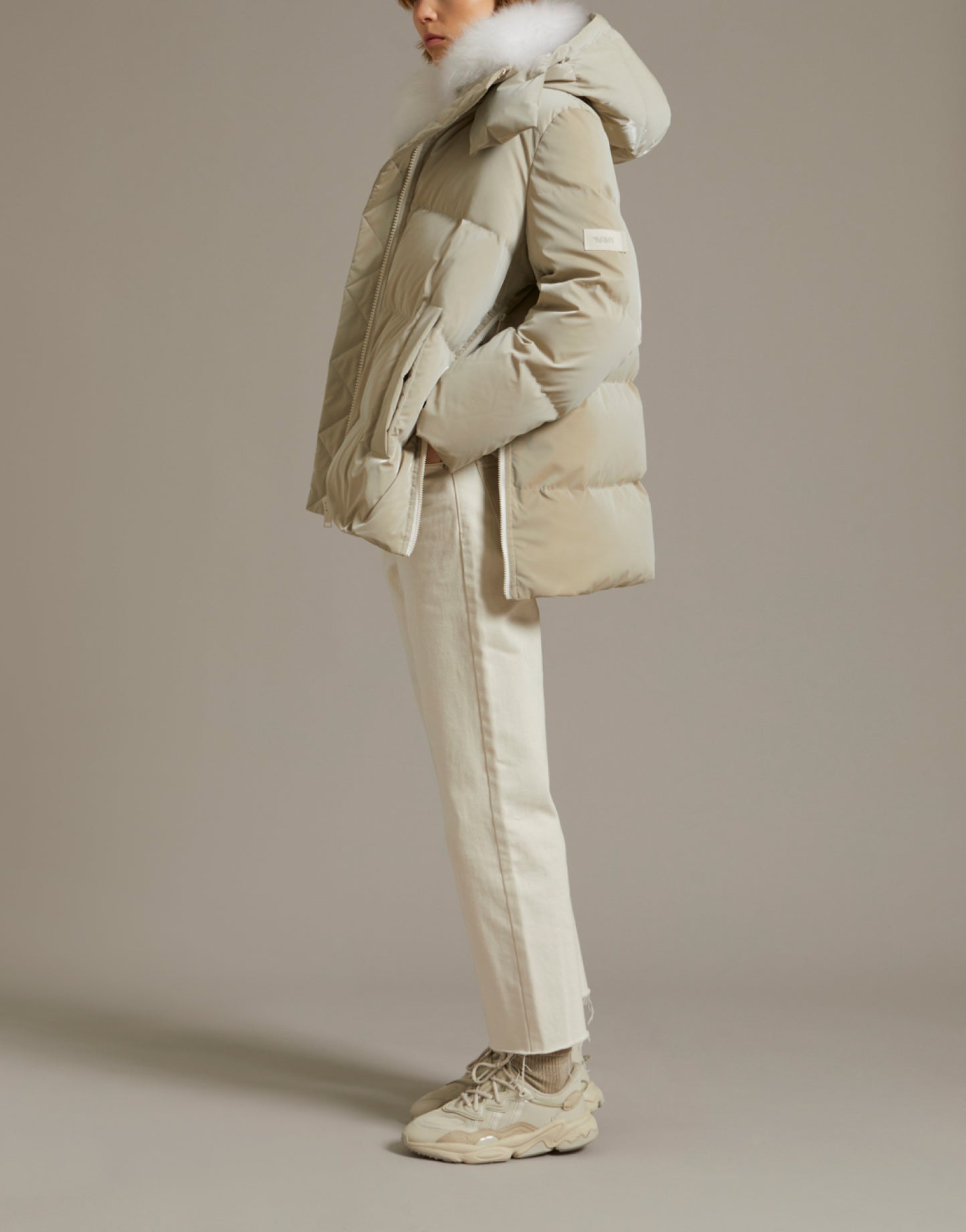 "A" line down jacket in icy water-repellent technical fabric with collar trim in fluffy lambswool -Yves Salomon