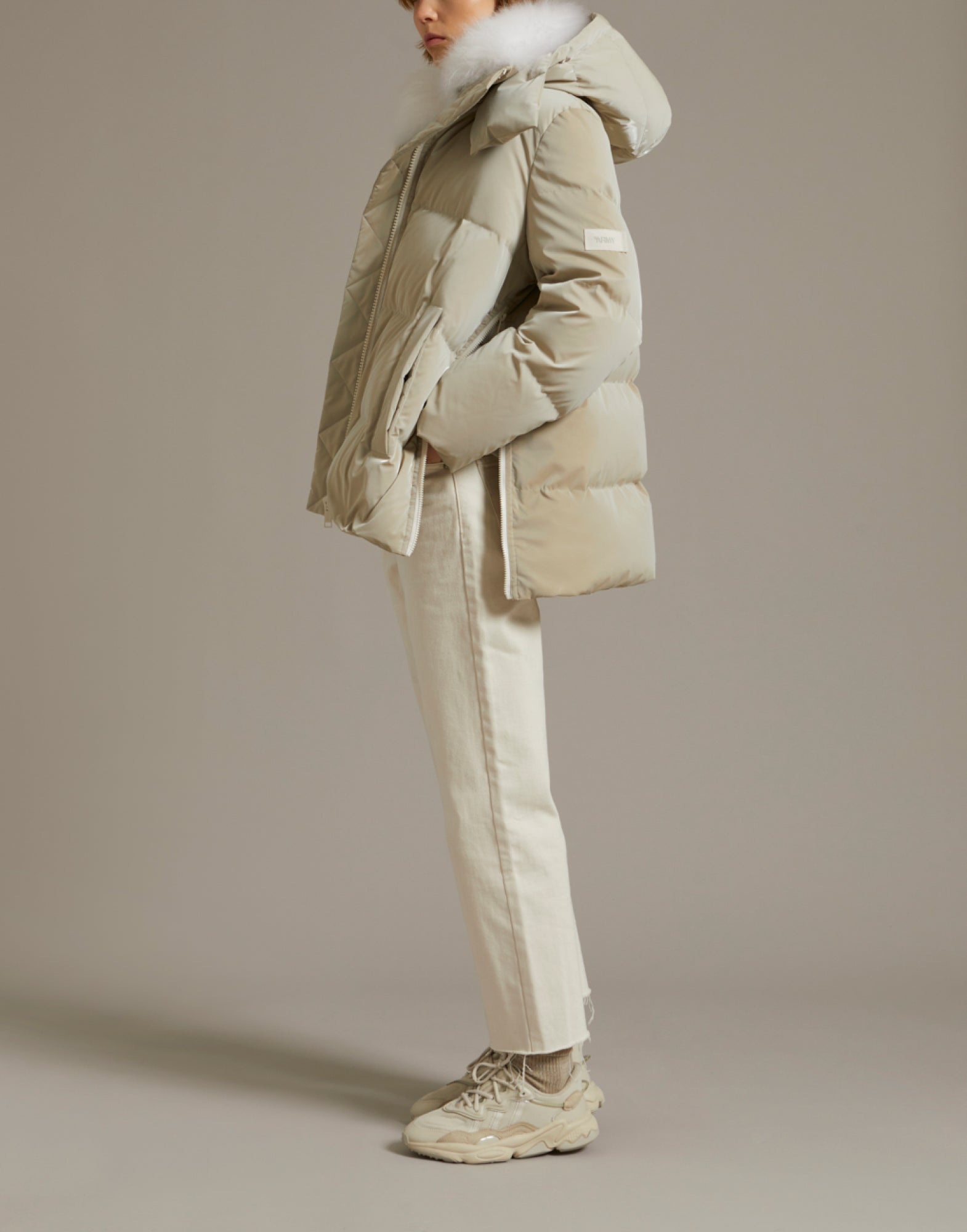 "A" line down jacket in icy water-repellent technical fabric with collar trim in fluffy lambswool -Yves Salomon