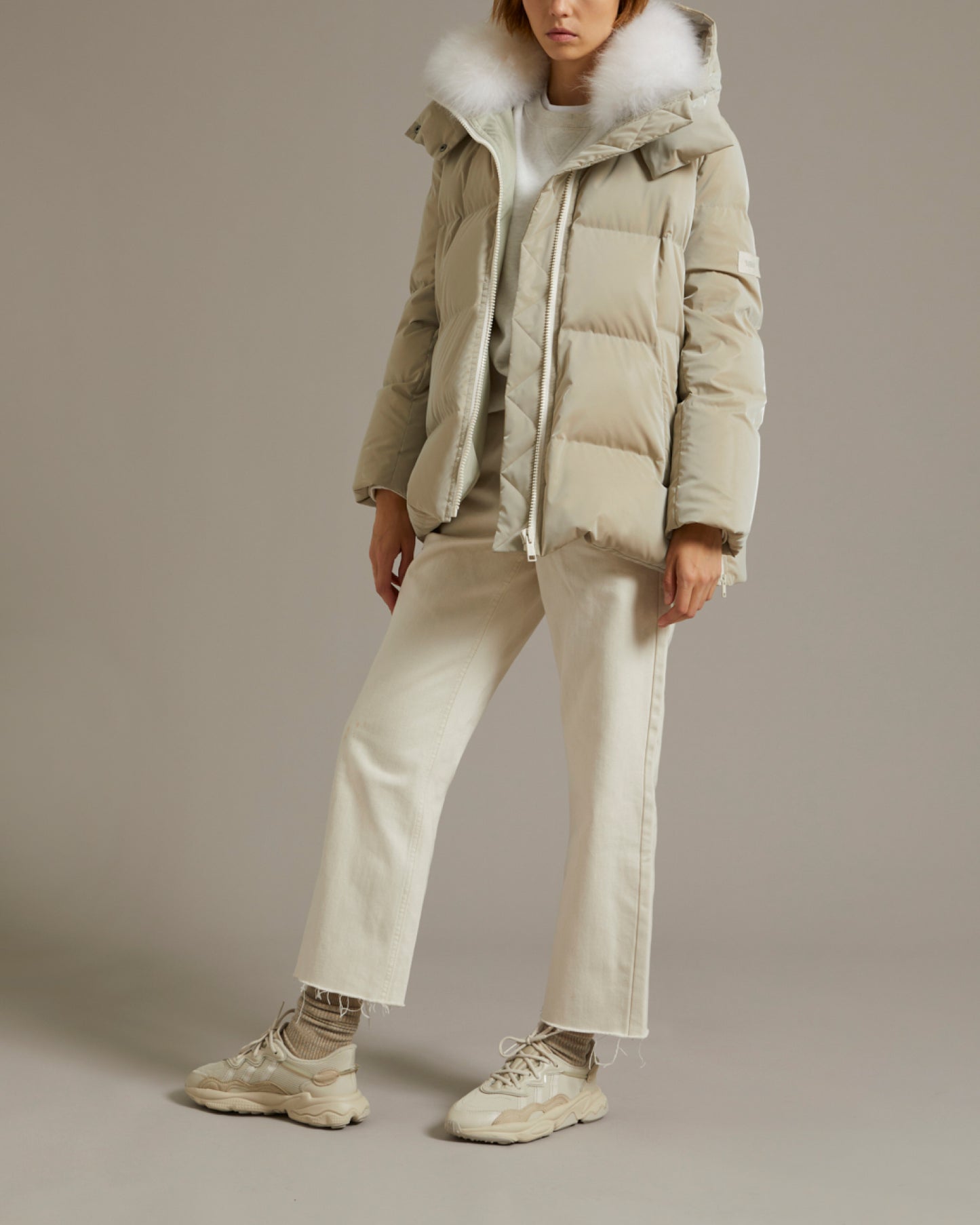 "A" line down jacket in icy water-repellent technical fabric with collar trim in fluffy lambswool -Yves Salomon