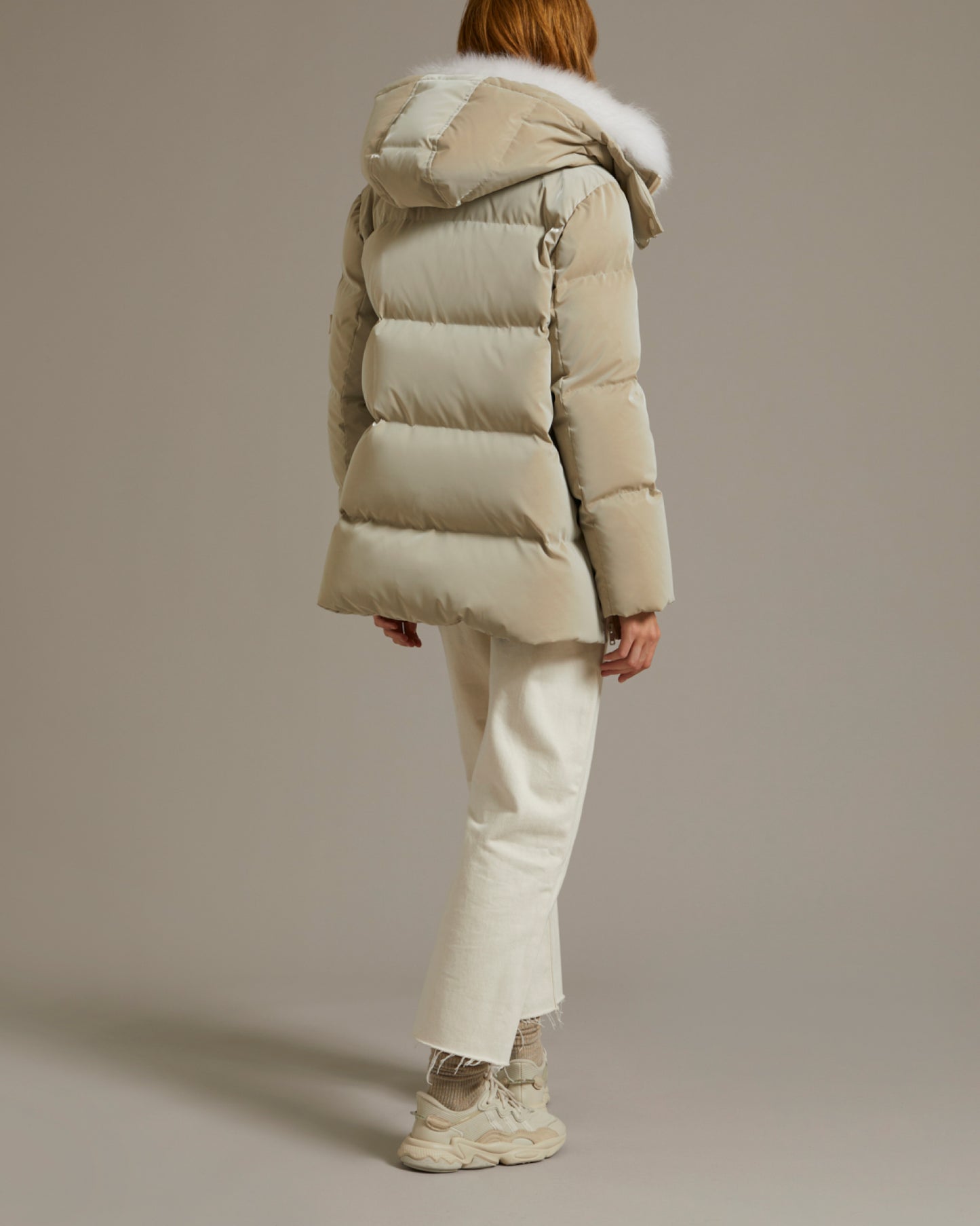 "A" line down jacket in icy water-repellent technical fabric with collar trim in fluffy lambswool -Yves Salomon