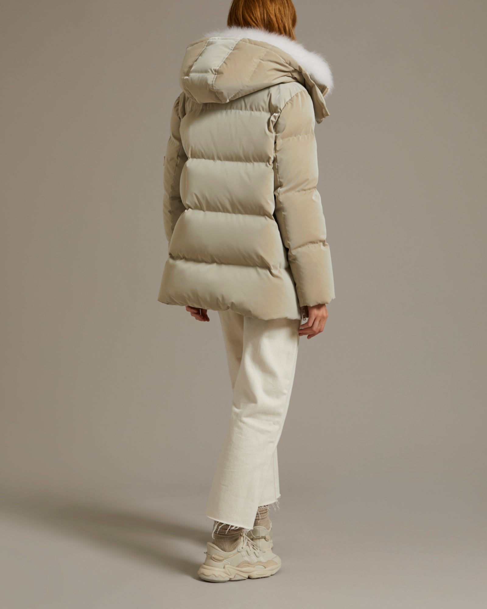 "A" line down jacket in icy water-repellent technical fabric with collar trim in fluffy lambswool -Yves Salomon