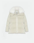 "A" line down jacket in icy water-repellent technical fabric with collar trim in fluffy lambswool