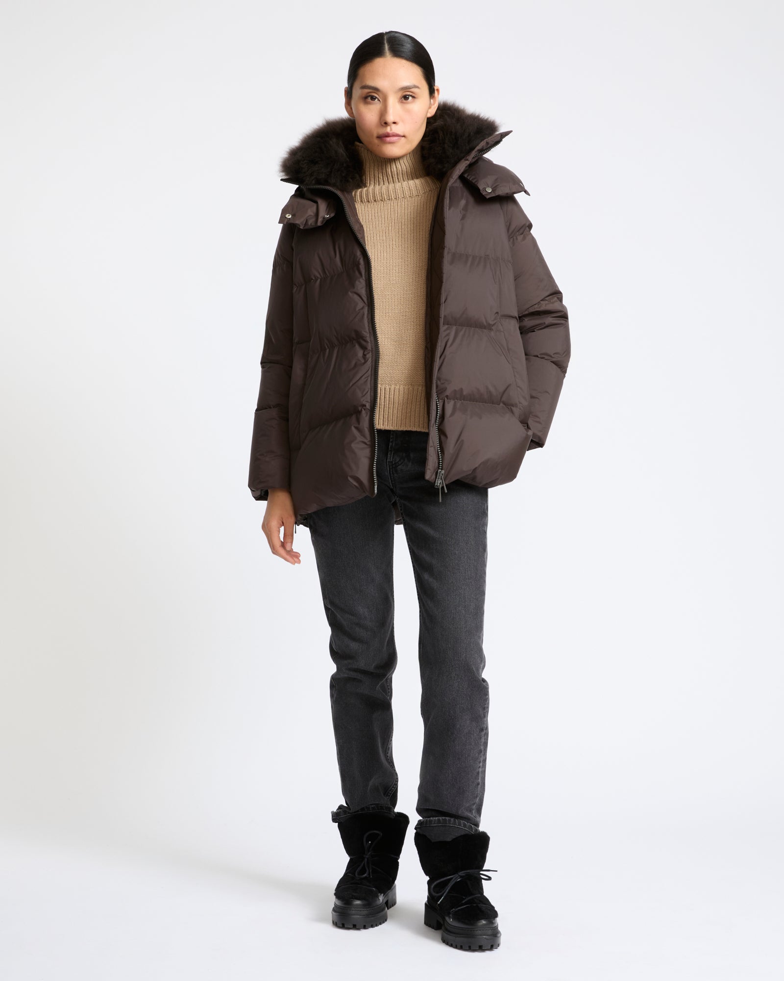 A-Line Technical Down Jacket Curly Lamb Hood Brown | Yves Salomon