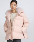 A-line down jacket in waterproof technical fabric with airy lambswool trim