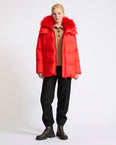 A-line down jacket in waterproof technical fabric with airy lambswool trim