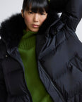 A-line down jacket in waterproof technical fabric with airy lambswool trim