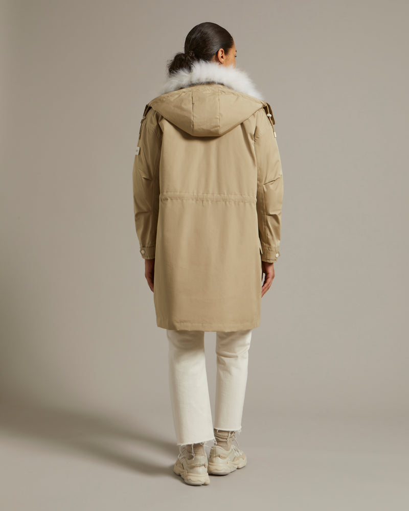 Boxy parka in weather-resistant technical fabric with fluffy lambswool dickey