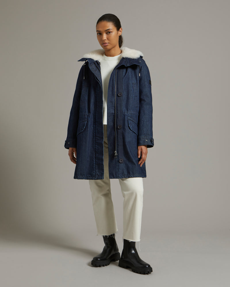 Long parka in cotton denim and shearling