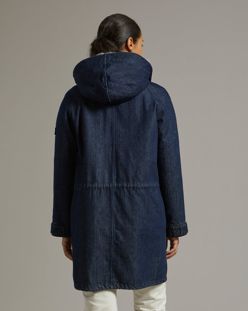Long parka in cotton denim and shearling