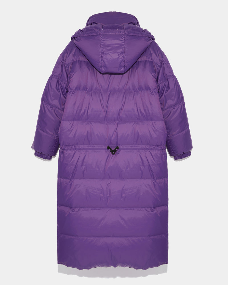 Long reversible down jacket in matte and shiny water-repellent technical fabric