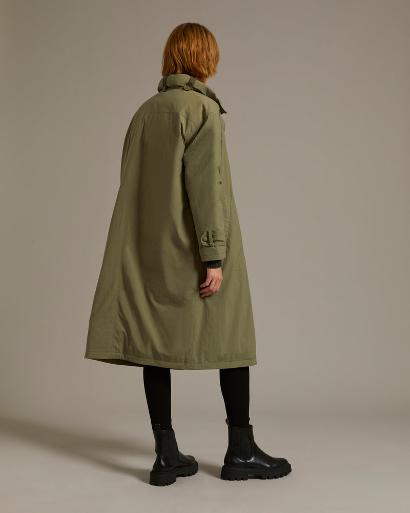Technical fabric down-filled overcoat
