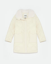 Down-filled coat in water-repellent technical fabric with short-haired lambskin collar trim