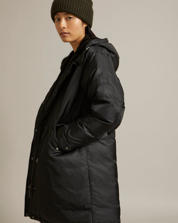 Long parka in bomber fabric with mink fur trim