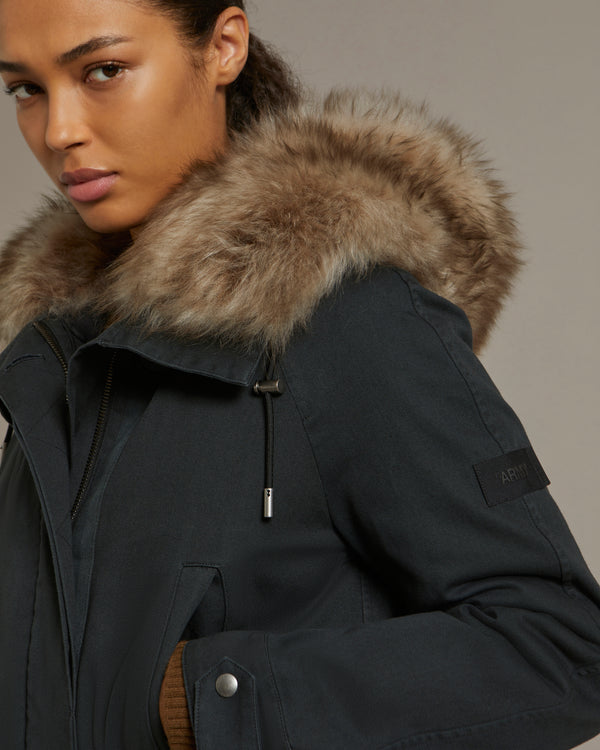 Long parka in cotton gabardine with fluffy lambswool hood trim