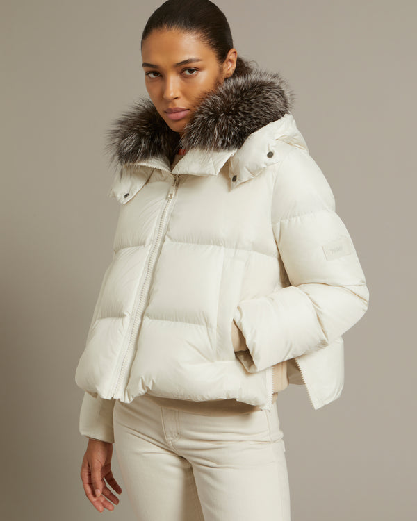 Short "A" line down jacket in water-repellent technical fabric with fox fur collar - white - Yves Salomon