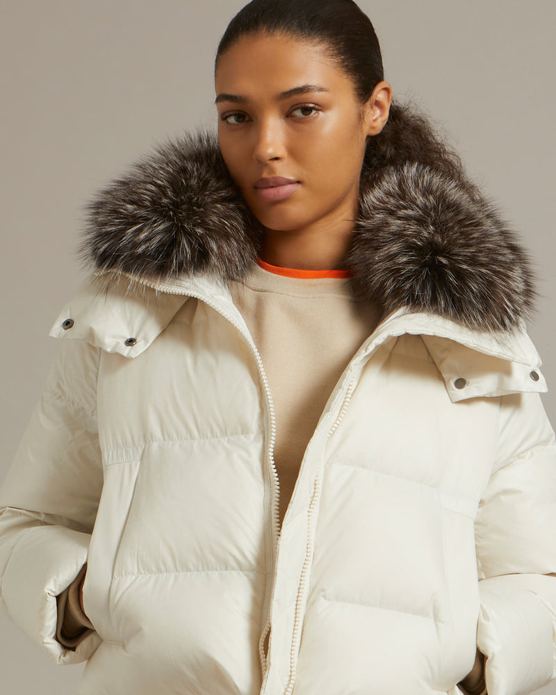 Short "A" line down jacket in water-repellent technical fabric with fox fur collar - white - Yves Salomon