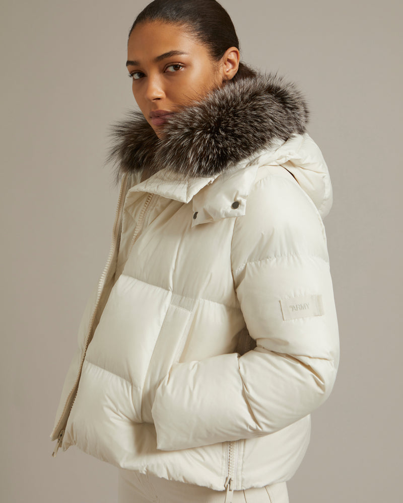 Short "A" line down jacket in water-repellent technical fabric with fox fur collar - white - Yves Salomon