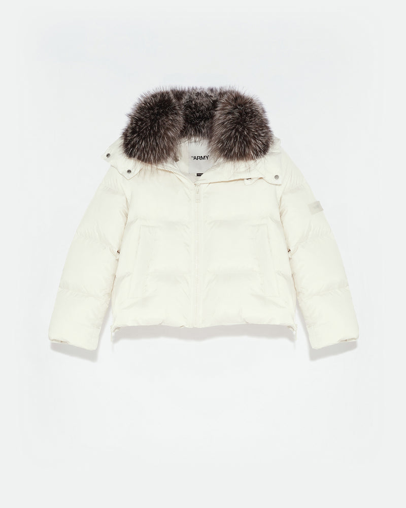 Short "A" line down jacket in water-repellent technical fabric with fox fur collar - white - Yves Salomon