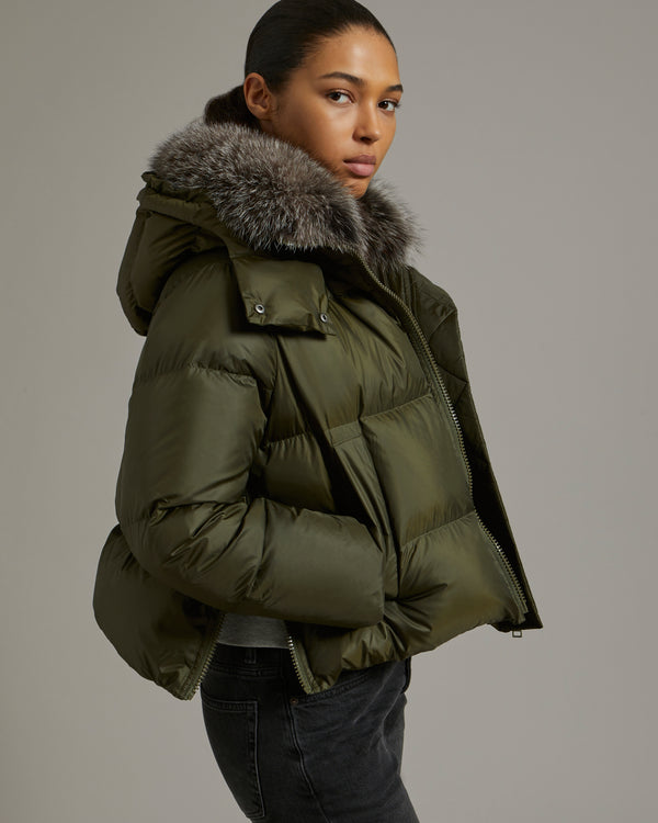 Short "A" line down jacket in water-repellent technical fabric with fox fur collar - khaki - Yves Salomon