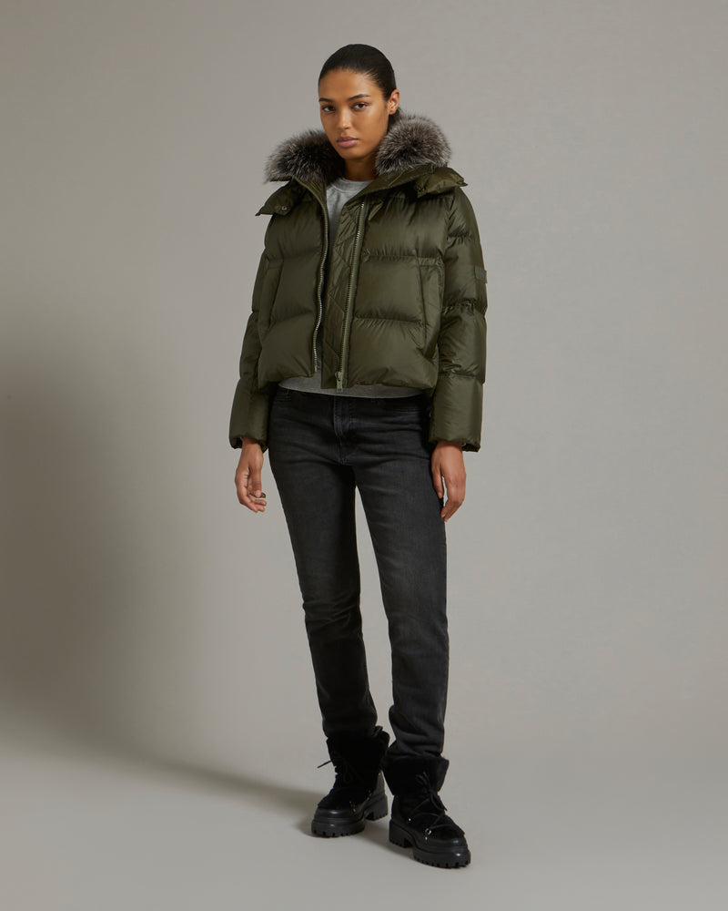 Short "A" line down jacket in water-repellent technical fabric with fox fur collar - khaki - Yves Salomon