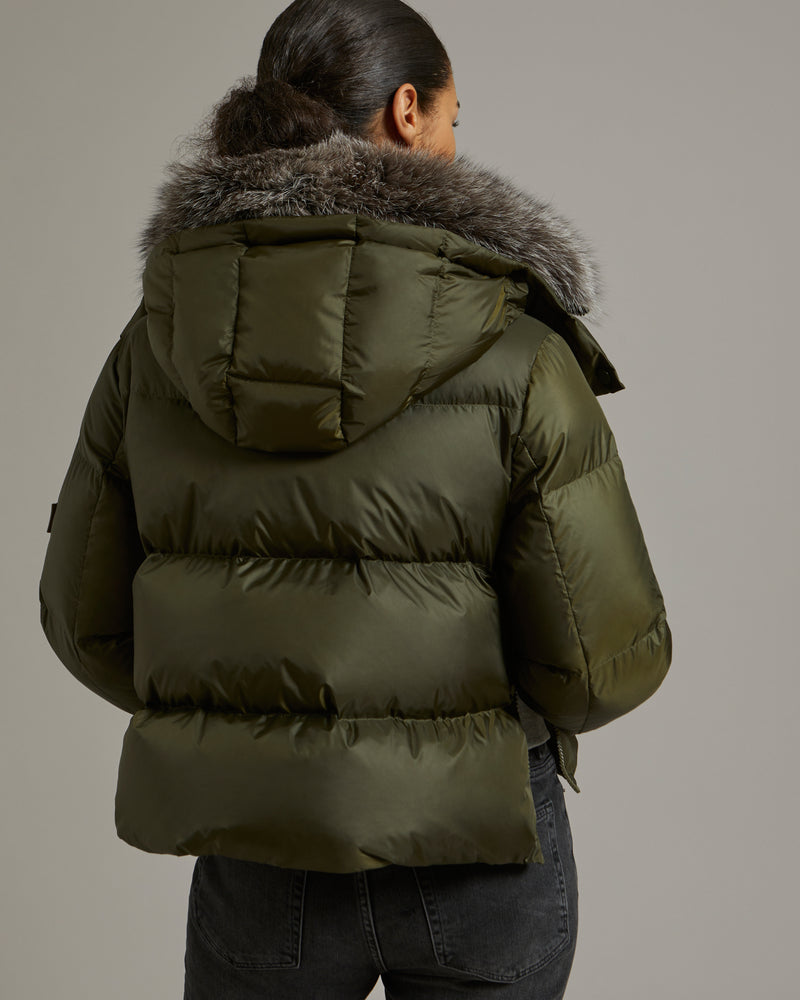 Short "A" line down jacket in water-repellent technical fabric with fox fur collar - khaki - Yves Salomon