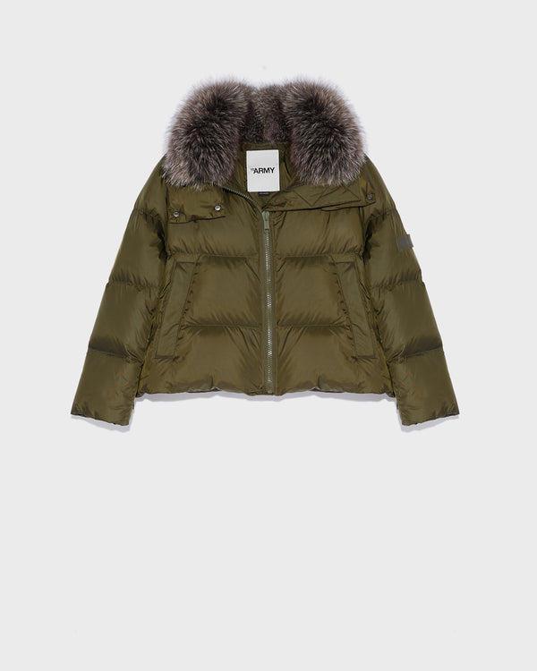 Short "A" line down jacket in water-repellent technical fabric with fox fur collar - khaki - Yves Salomon