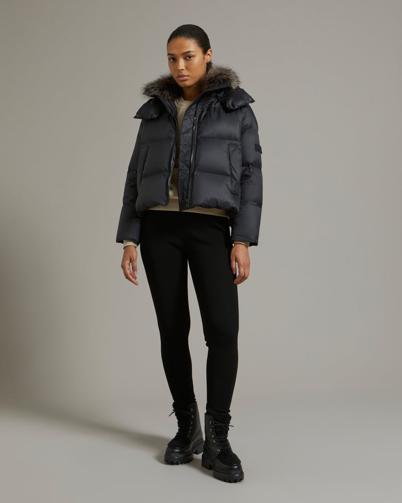 Short "A" line down jacket in water-repellent technical fabric with fox fur collar - black - Yves Salomon