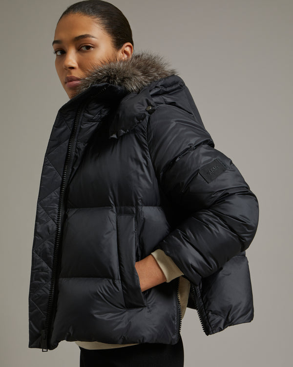 Short "A" line down jacket in water-repellent technical fabric with fox fur collar - black - Yves Salomon